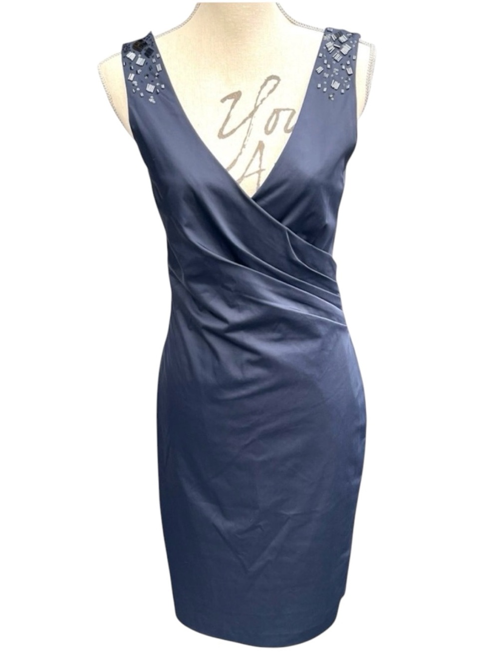 OLSEN Europe Navy V-Neck Sleeveless Beaded Strap Gathered Side Dress (4)